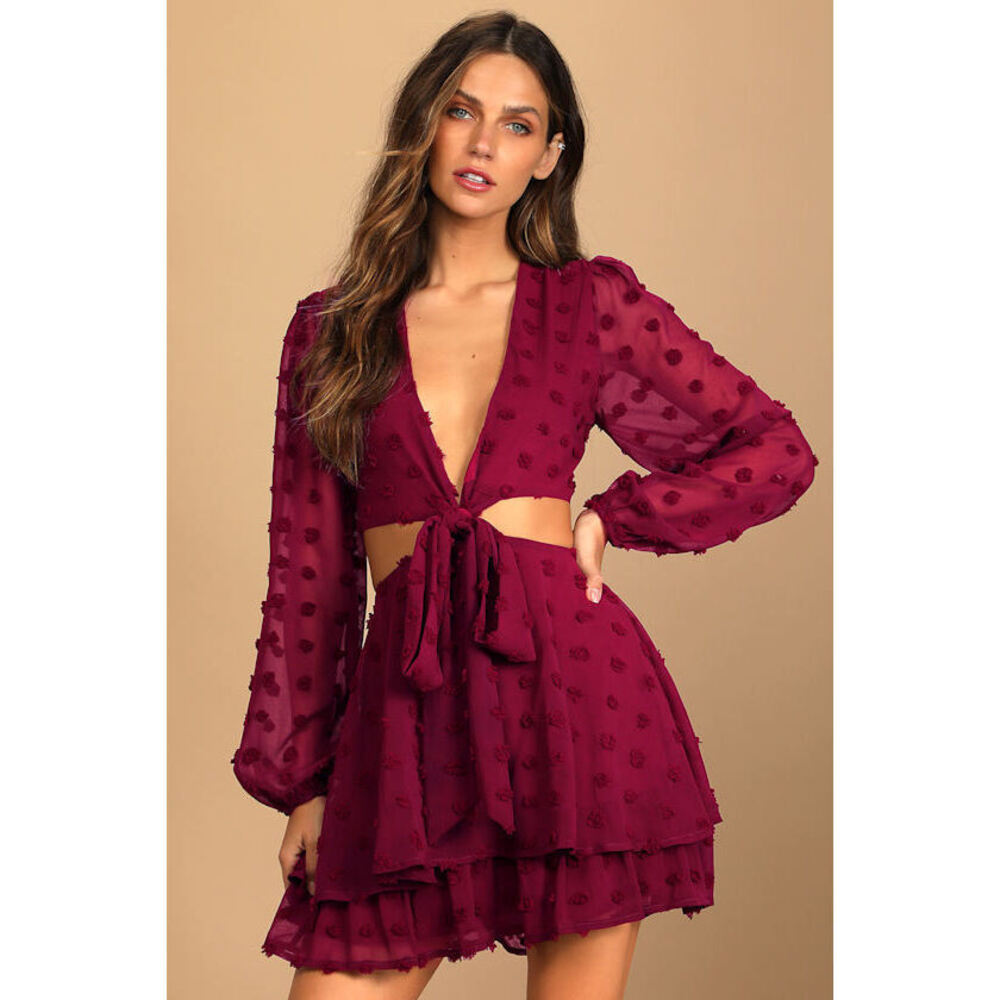 Lulus Desire Amour Burgundy Swiss Dot Cutout Mini Skater Dress Red - Size M